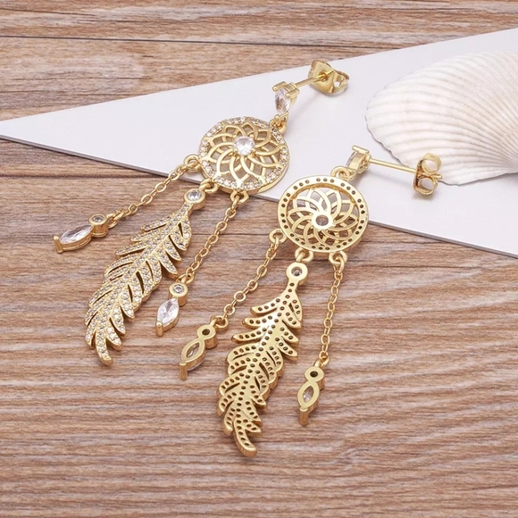 New Gold Dream Catcher Earrings with Cubic Zirconia Native American Inspired - Picture 5 of 6